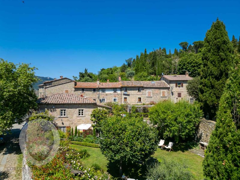 Farmhouse in the center with garden